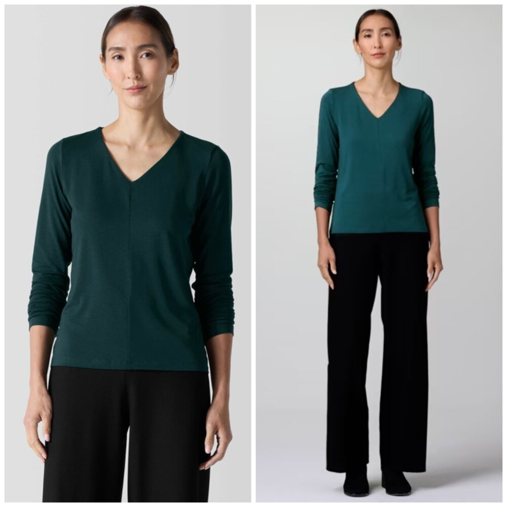 EILEEN FISHER Fine Jersey V-Neck Top Pullover Teal Soft Lagenlook size S Relaxed